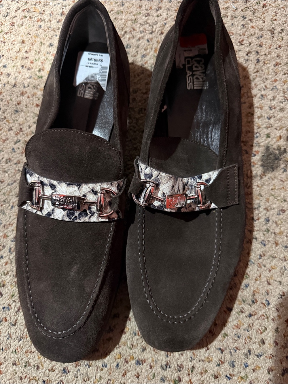 Cavalli Class Men’s Dark Brown Suede Loafers with Silver Snake-Print Bit